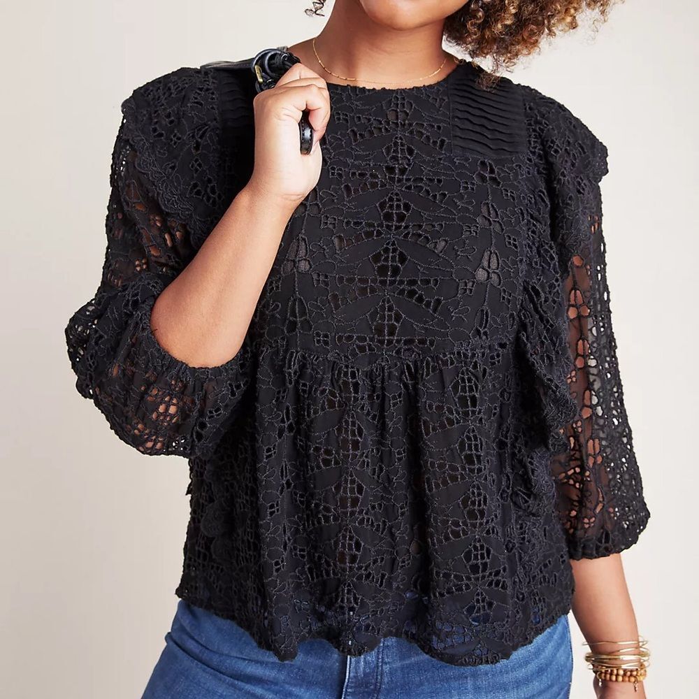 Anthropologie Clementine Eyelet Lace Blouse Black Ruffle Puff Sleeve Size 6